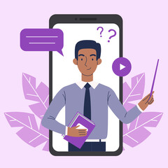 Online education on a smartphone. A black man teacher conducts a lesson on a smartphone. Online learning concept.