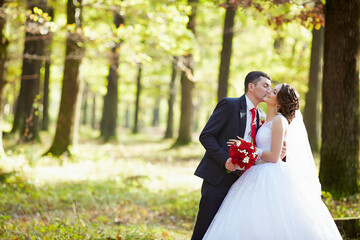 A bride and groom kiss in a forest