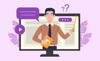 Online education on a computer. A man teacher conducts a lesson on a computer. Online learning concept.
