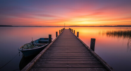 Obraz premium Sunrise or sunset over lake with pier and boat