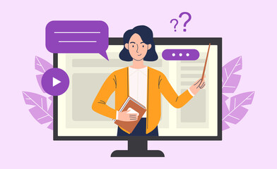 Online education on a computer. A woman teacher conducts a lesson on a computer. Online learning concept.