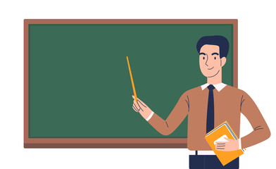 Young smiling man teacher with a pointer in his hands stands at the blackboard.