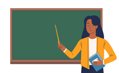 Young smiling black woman teacher with a pointer in her hands stands at the blackboard.