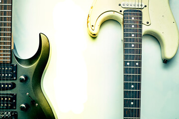 Two guitar, neck fretboard and dirt blue white background.
