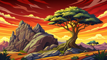 Safari and travel to Africa cartoon, extreme adventures or science expedition in a stone desert vector. Sahara desert at sunrise, mountain landscape, savanna landscape