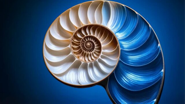Detailed close-up of a nautilus shell cut in half showcasing the intricate spiral chambers and beautiful blue and beige colors