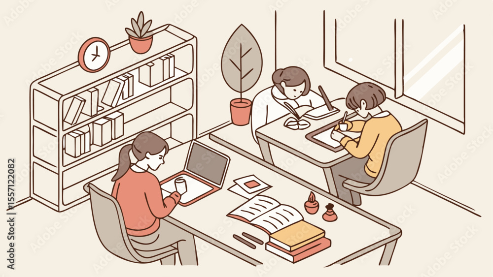 Poster Illustration of three people studying or working at desks in a room with a bookshelf and window light