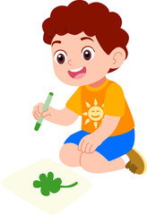 Kindergarten children's boy characters playing outdoors drawing green  leaf