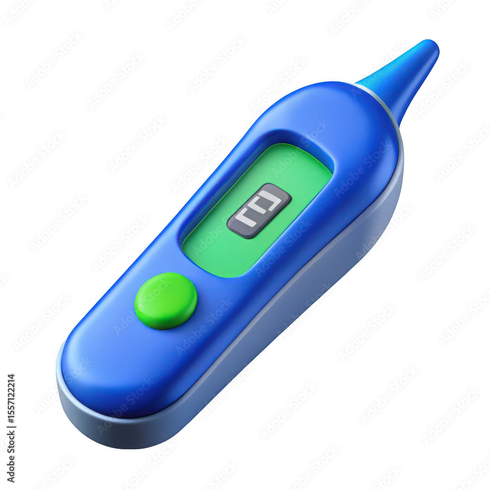 Poster blue digital thermometer with green button isolated on transparent background