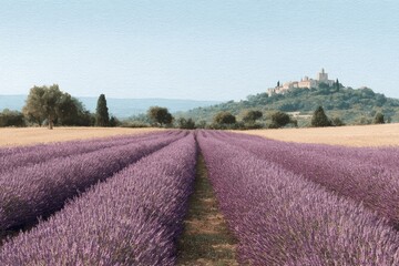 Lavender fields in Provencal sun, whispering summer solstice secrets, nature's fragrant tapestry, Midsummer celebrations, rustic agrarian elegance
