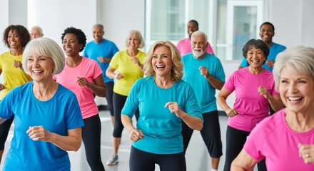 Joyful group of diverse seniors participating in an energetic fitness class