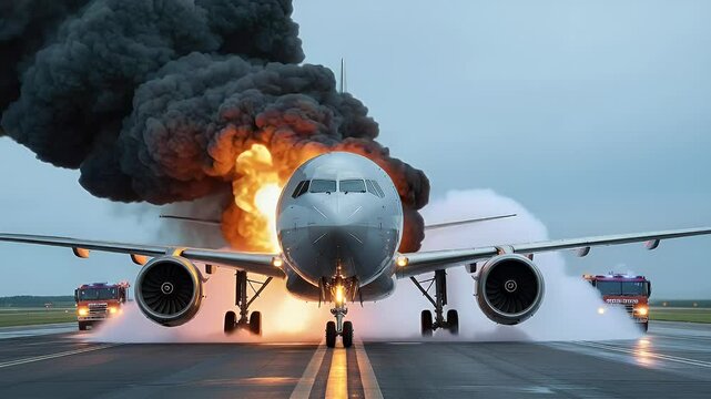 Burning airplane emergency response footage