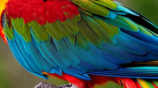Close-up view of vibrant parrot feathers showcasing red, green, and blue coloration with intricate details and textured plumage pattern.