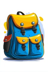 Colorful backpack illustration featuring a vibrant blue body with a bright yellow flap and red accents, showcasing a playful design suitable for children and students