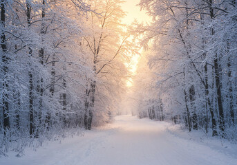Obraz premium Misty winter forest with sunlight