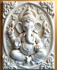 Obraz premium Handcrafted Golden Ratio Bas-Relief of Lord Ganesha – Museum-Quality White Plaster Sculpture with Ornate Motifs & Volumetric Carving – Luxurious Golden Background, 4K Studio Photography (Classical, Se