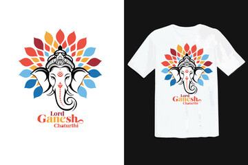 Lord Ganesha Chaturthi T shirt Design with Colorful Floral Background and White T shirt Mockup