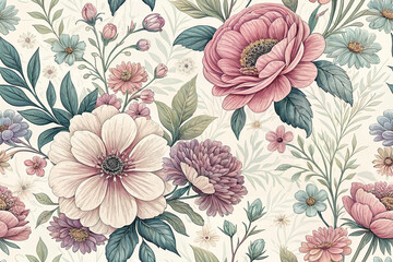 Vintage Seamless Botanical Pattern with Blooming Flowers and Leaves