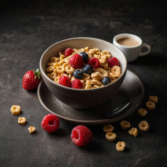 Photo of a hearty breakfast bowl of cereal and berries with coffee