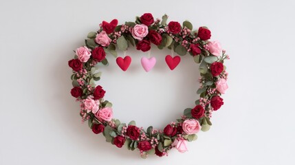 Obraz premium Romantic rose wreath adorned with floating hearts, a symphony of love blooms, perfect for Valentines Day or Sweetest Day