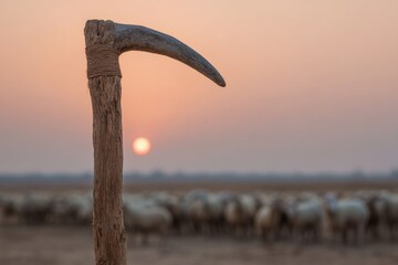 Fototapeta premium Gnarled shepherd's staff silhouettes against a dusky sky, whispering pastoral secrets of Eid al-Adha and pastoral traditions