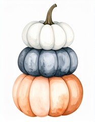 Autumn pumpkins stacked together, ornage, black and white Halloween color, cosy fall watercolor illustration on a plain white background