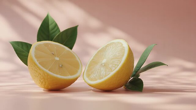Halved lemon with green leaves on pink background food photography