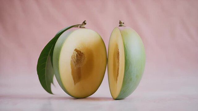 Halved mango fruit close up minimalist food photography tropical yellow and green