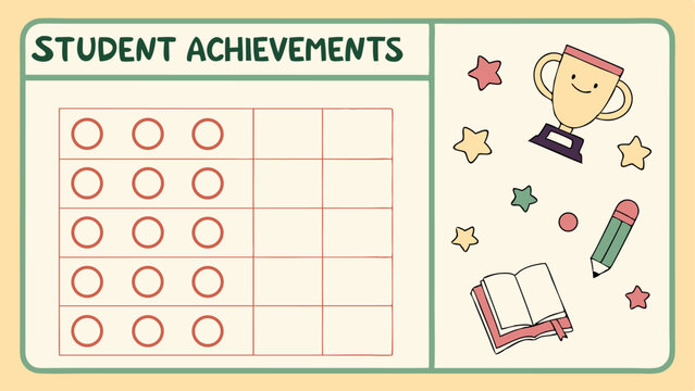 Student achievements chart with circles, a trophy, stars, a pencil, and a book on a beige background