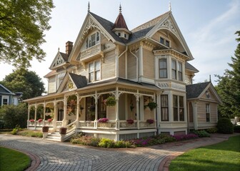 An elegant Victorian house with intricate wooden trim and ornate details, featuring a steeply pitched roof, decorative gables, and tall, narrow windows with stained glass