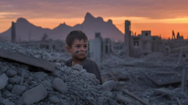 Child amidst war torn cityscape at sunset
