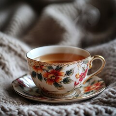 Floral teacup and saucer on knitted blanket