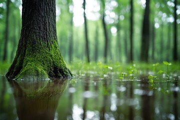 Flooded forest floor with mossy tree trunk