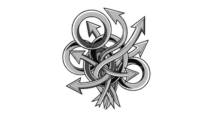 Abstract grayscale artwork featuring intertwined, curving arrows forming a complex, dynamic design.