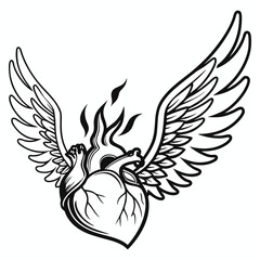 Winged anatomical heart with flames, Tattoo style vector illustration on white