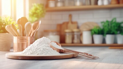 Flour pile on wooden board with kitchen utensils and warm sunlight