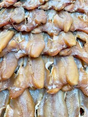 Sun-dried snakehead fish in Thailand local market, selective focus