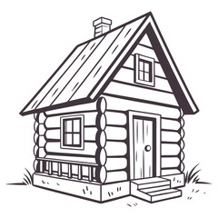 Rustic log cabin drawing with chimney and wooden porch in black and white sketch style