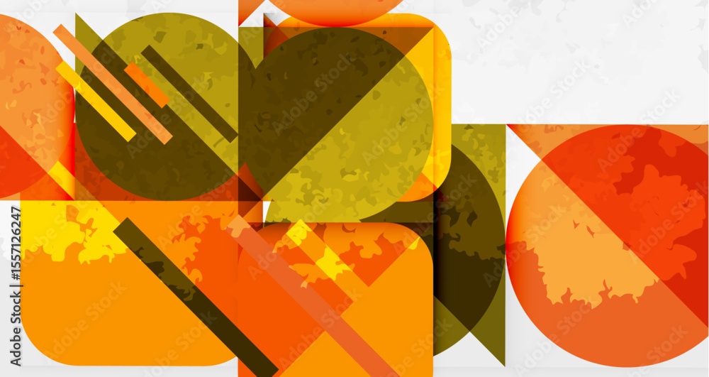 Poster Abstract geometric composition. Overlapping shapes, warm colors, textured surfaces create dynamic visual interest. Modern design.