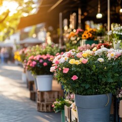 Flower market display in outdoor setting