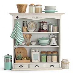 Charming country kitchen hutch filled with vintage style decor and utensils