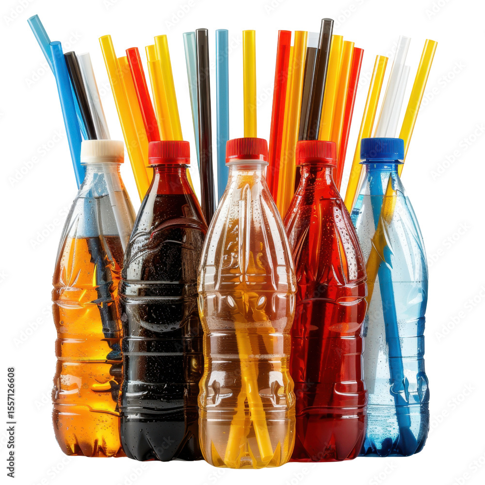 Poster colorful beverage bottles filled with various drinks and topped with vibrant straws create lively an