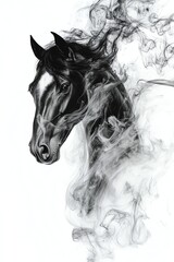 Artistic black horse illustration with smoke-like patterns.