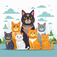 Fototapeta premium Group of cute cartoon cats in various colors sitting together happily in a playful design, purrfect for kids' designs and pet-related projects.