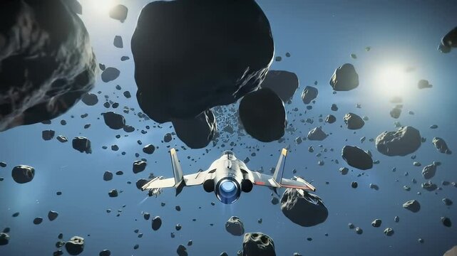 Futuristic spaceship navigating asteroid field