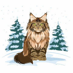 A fluffy Maine Coon cat sits amidst snowy fir trees in a wintry scene, perfect for holiday cards or seasonal graphic designs.