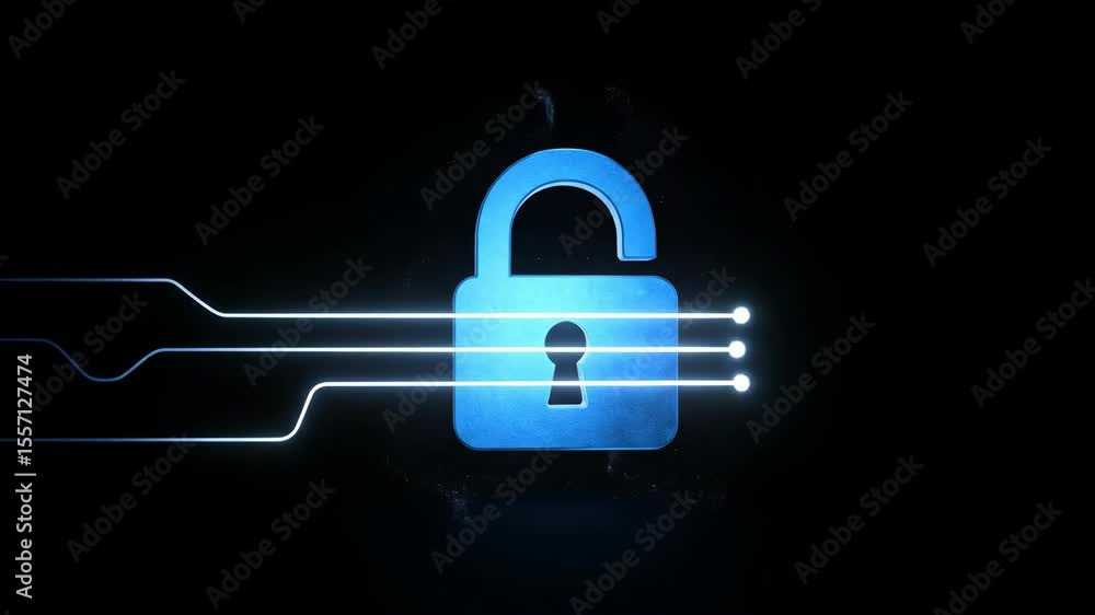 Poster blue padlock icon with glowing lines on dark background representing data flow and digital security 
