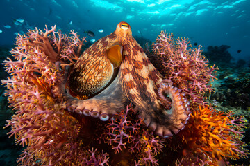 Octopus on coral reef in aquarium underwater marine life, AI generated