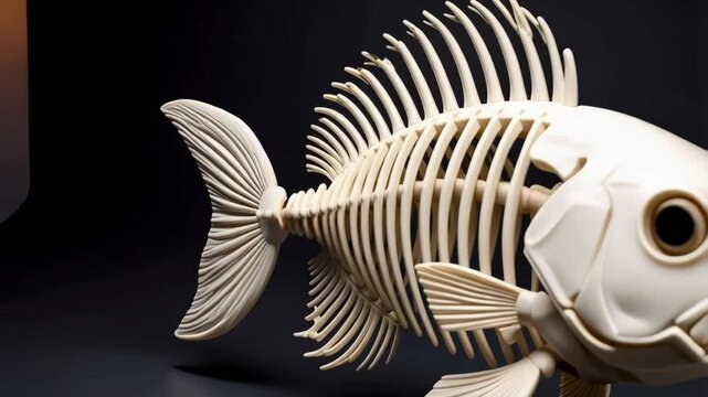 Detailed bony fish skeleton sculpture in white, featuring fin bones and curved spine against dark background. Isolated anatomical specimen for educational purposes.