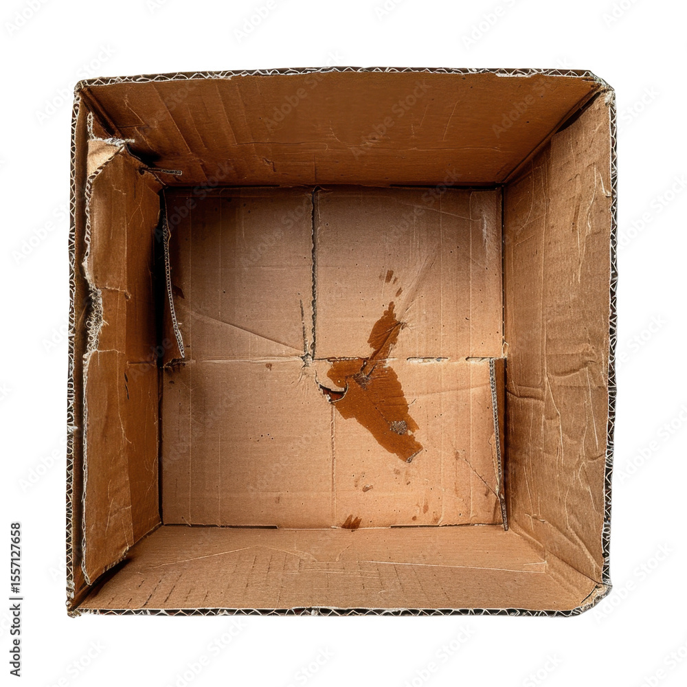 Poster empty cardboard box with visible wear and stain on bottom, showcasing its used condition and texture